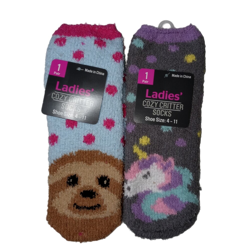 Cozy Critter Socks Two Pair Sloth and Unicorn